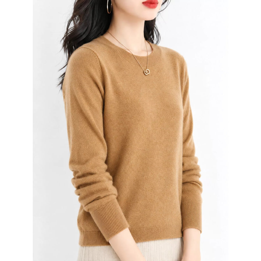 Crew Neck Long Sleeve Sweater Golden Camel / S Apparel and Accessories
