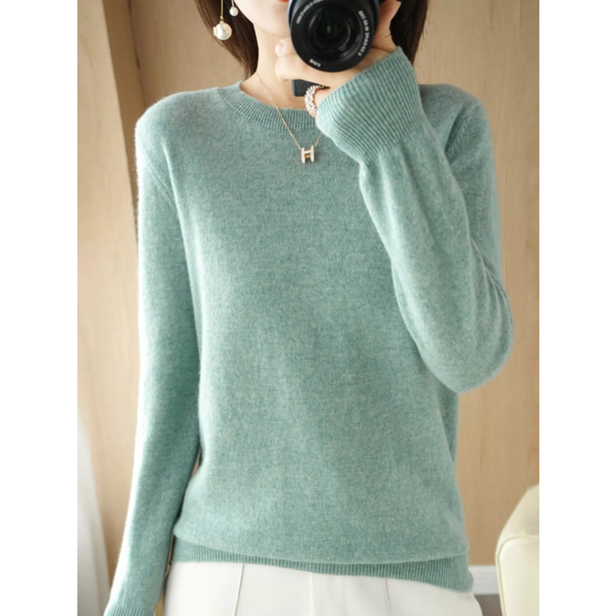 Crew Neck Long Sleeve Sweater Grass Green / S Apparel and Accessories