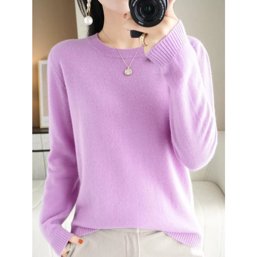 Crew Neck Long Sleeve Sweater Light Purple / S Apparel and Accessories