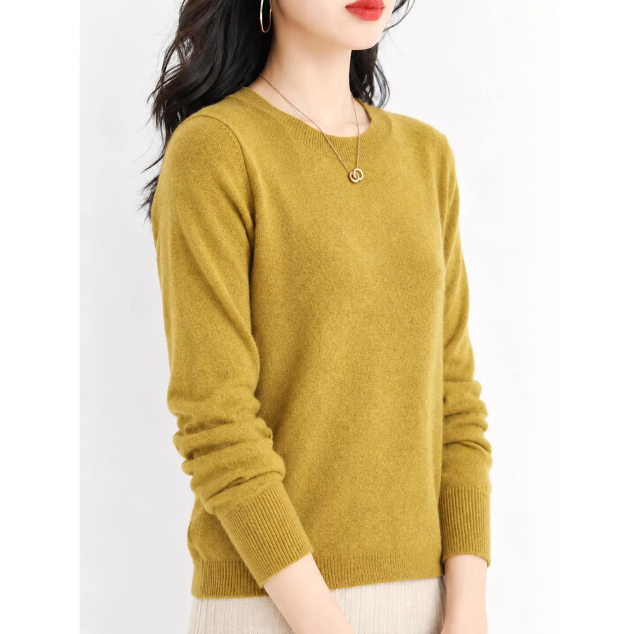 Crew Neck Long Sleeve Sweater Mustard Yellow / S Apparel and Accessories