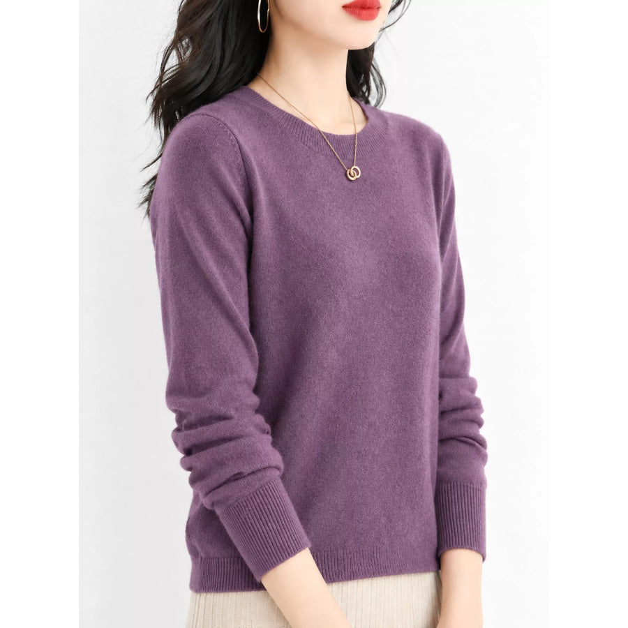Crew Neck Long Sleeve Sweater Purple / S Apparel and Accessories