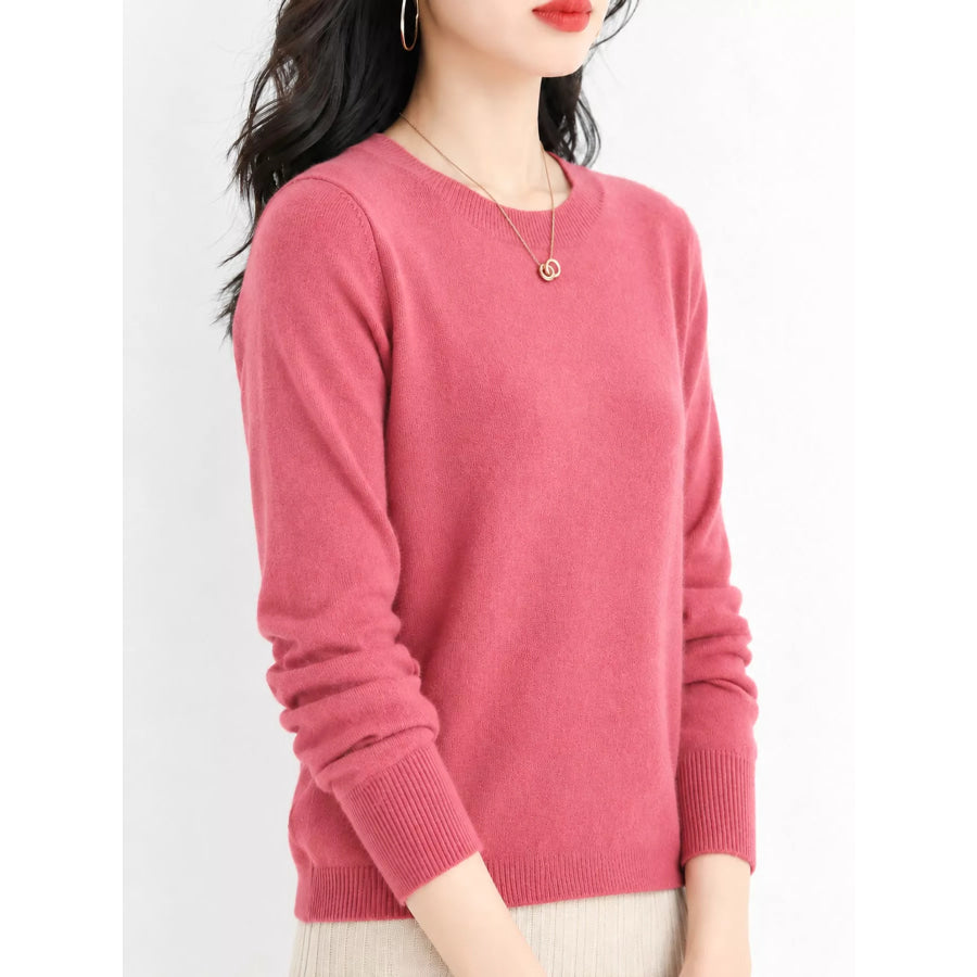 Crew Neck Long Sleeve Sweater Rose Pink / S Apparel and Accessories