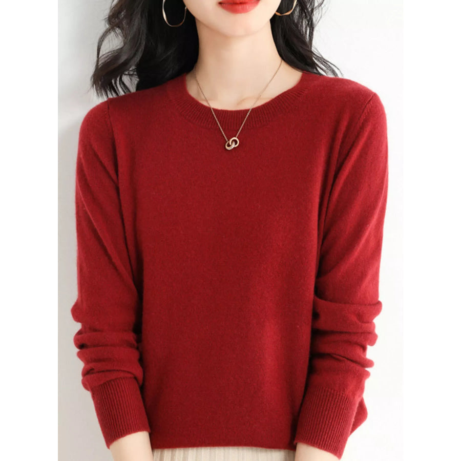Crew Neck Long Sleeve Sweater Rust Red / S Apparel and Accessories