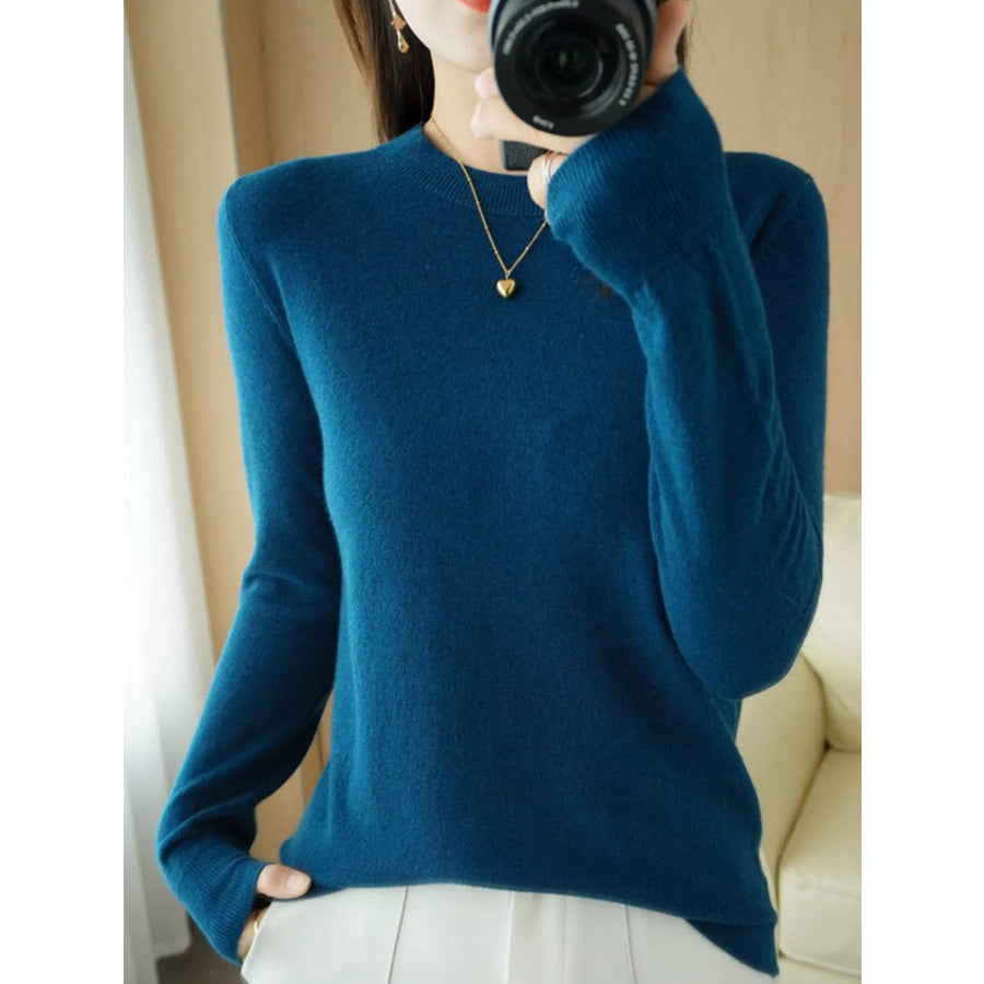 Crew Neck Long Sleeve Sweater Seaweed Blue / S Apparel and Accessories