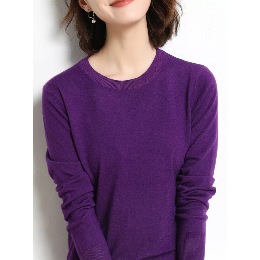 Crew Neck Long Sleeve Sweater Violet / S Apparel and Accessories