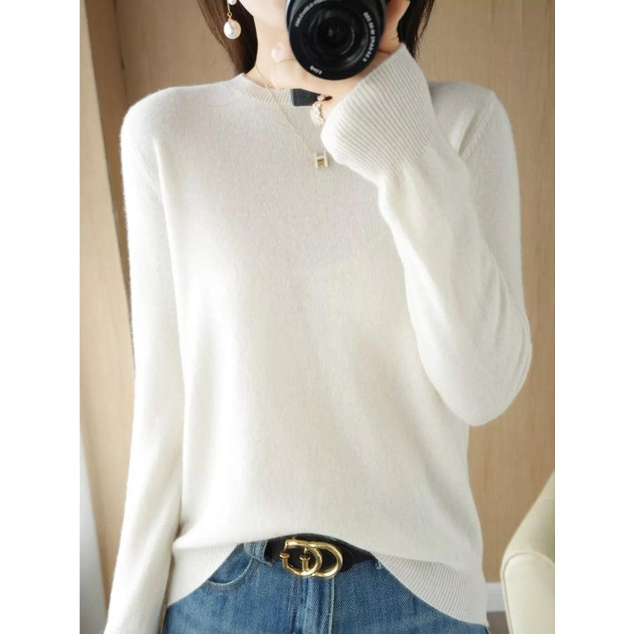 Crew Neck Long Sleeve Sweater White / S Apparel and Accessories
