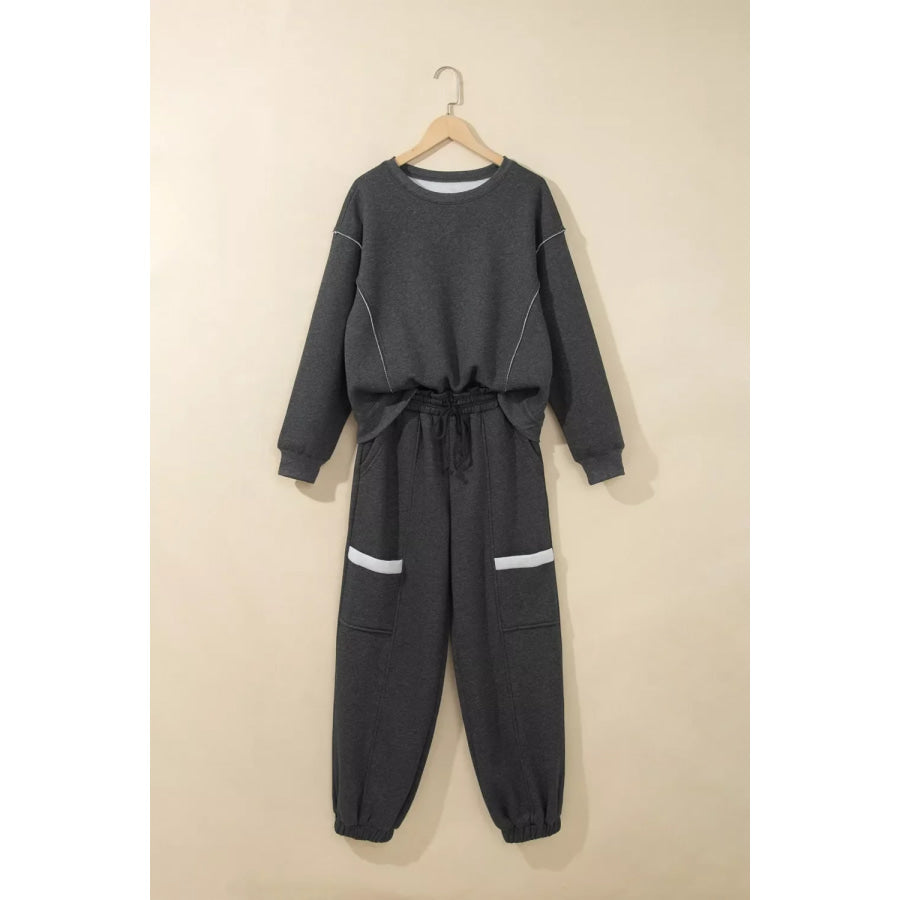 Crew Neck Long Sleeve Top and Joggers Set Apparel and Accessories