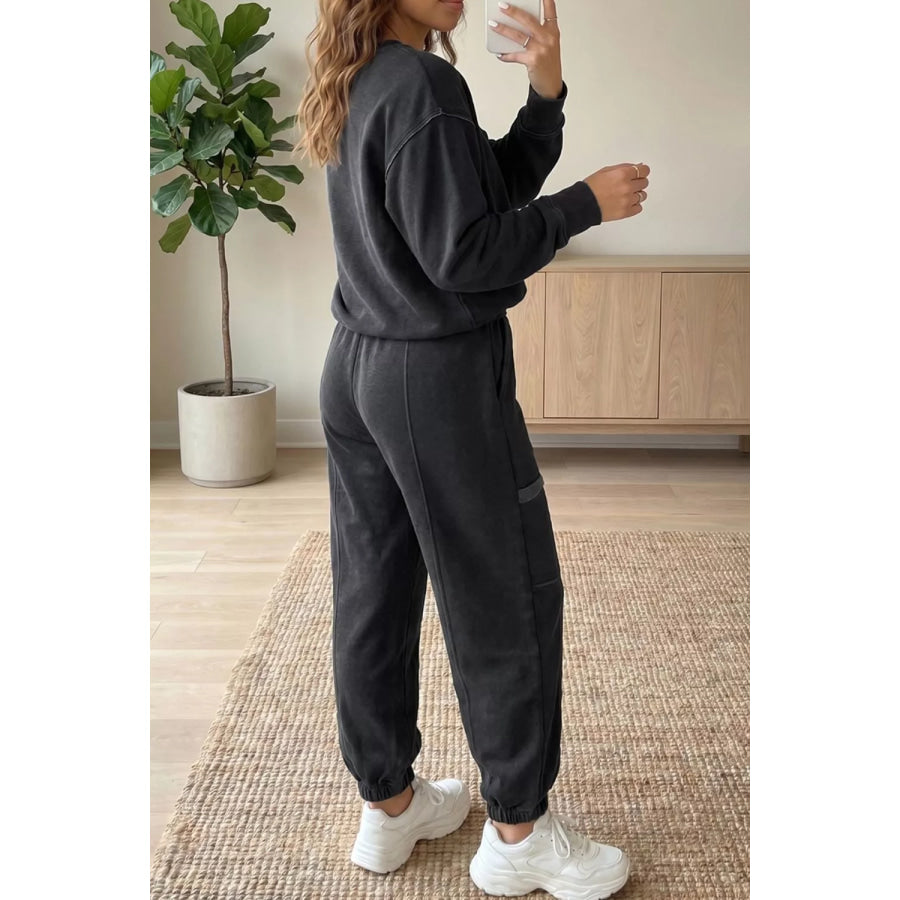 Crew Neck Long Sleeve Top and Joggers Set Apparel and Accessories