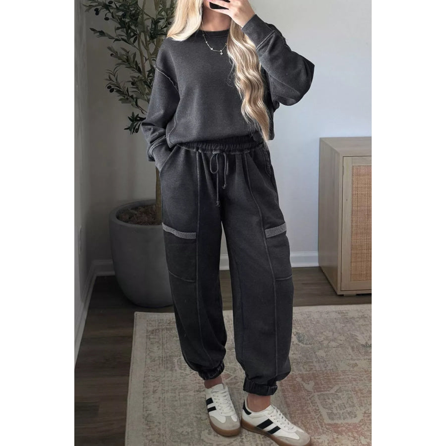 Crew Neck Long Sleeve Top and Joggers Set Apparel and Accessories