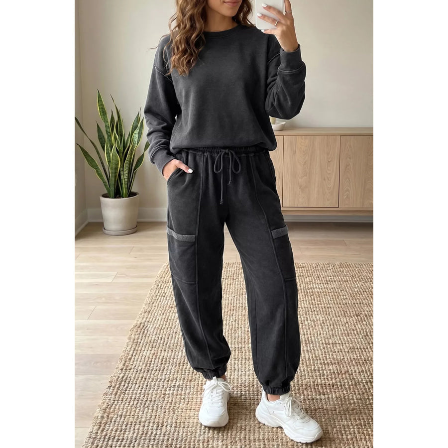Crew Neck Long Sleeve Top and Joggers Set Dark Gray / S Apparel and Accessories