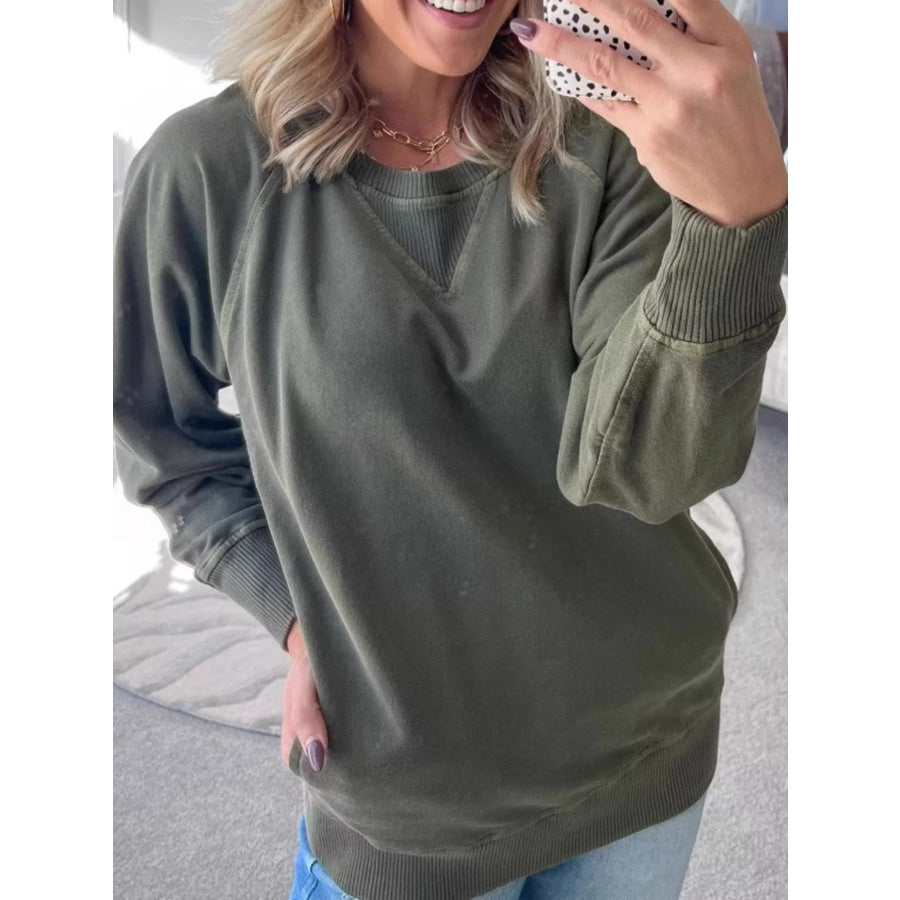 Crew Neck Raglan Sleeve Sweatshirt Army Green / S Apparel and Accessories