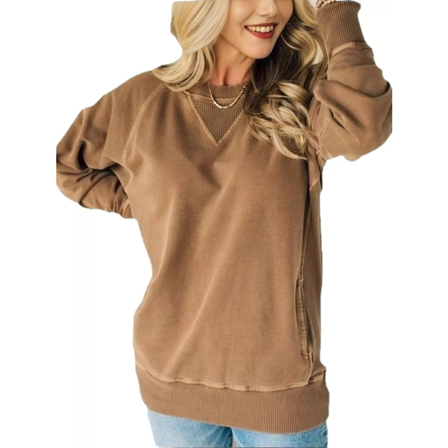 Crew Neck Raglan Sleeve Sweatshirt Brown / S Apparel and Accessories