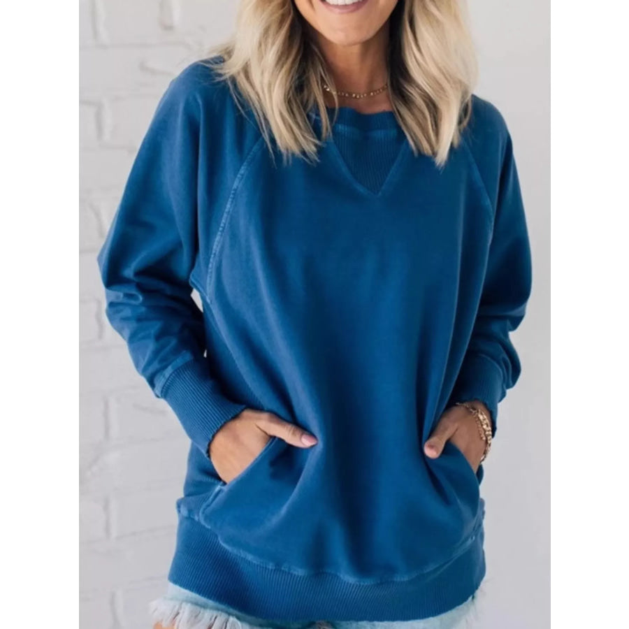 Crew Neck Raglan Sleeve Sweatshirt Dark Blue / S Apparel and Accessories