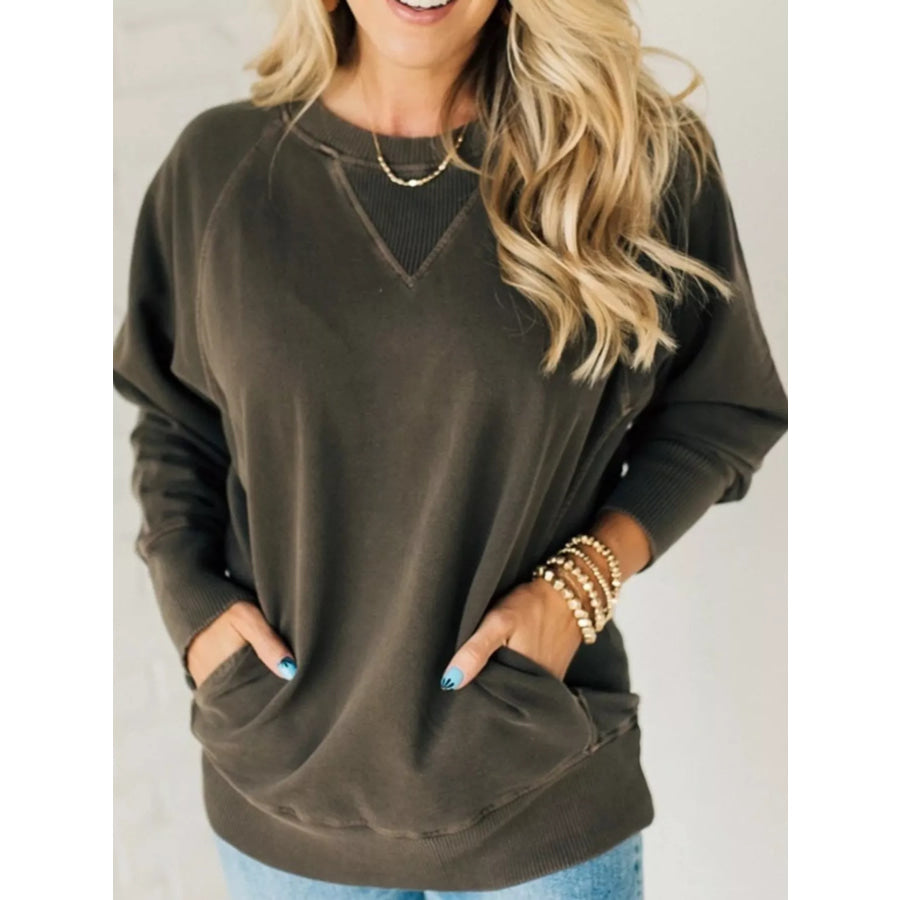 Crew Neck Raglan Sleeve Sweatshirt Dark Brown / S Apparel and Accessories
