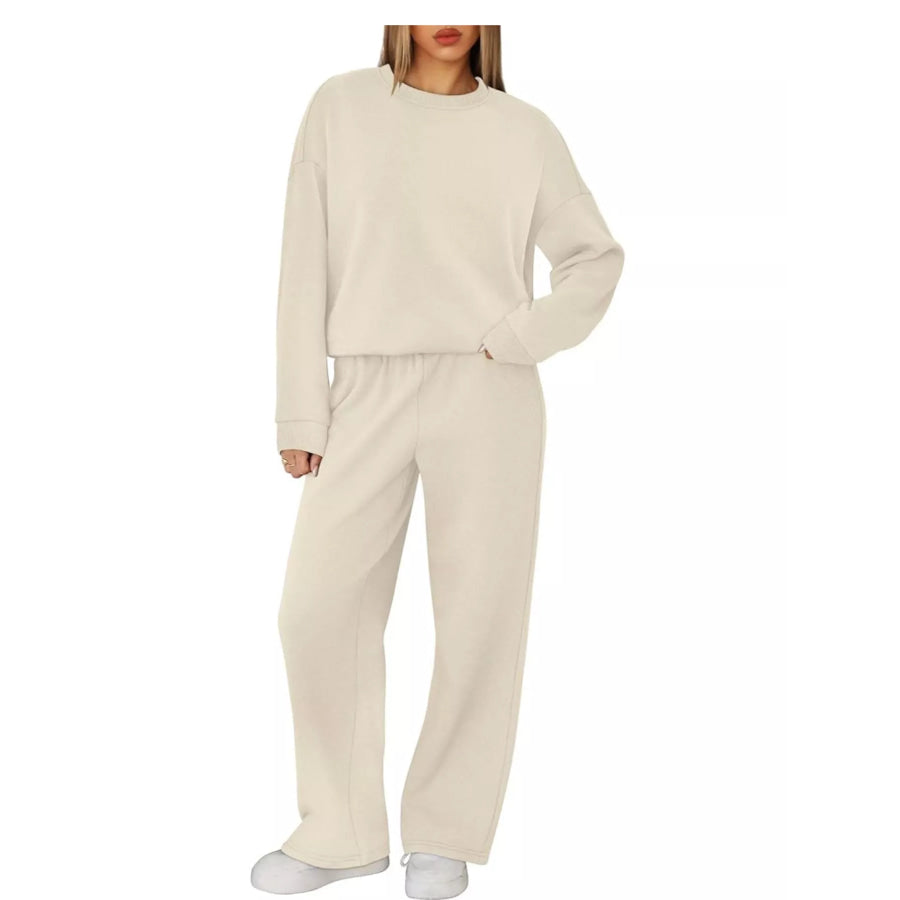 Crewneck Drop Shoulder Sweatshirt and Wide-Leg Pants Set Apparel Accessories