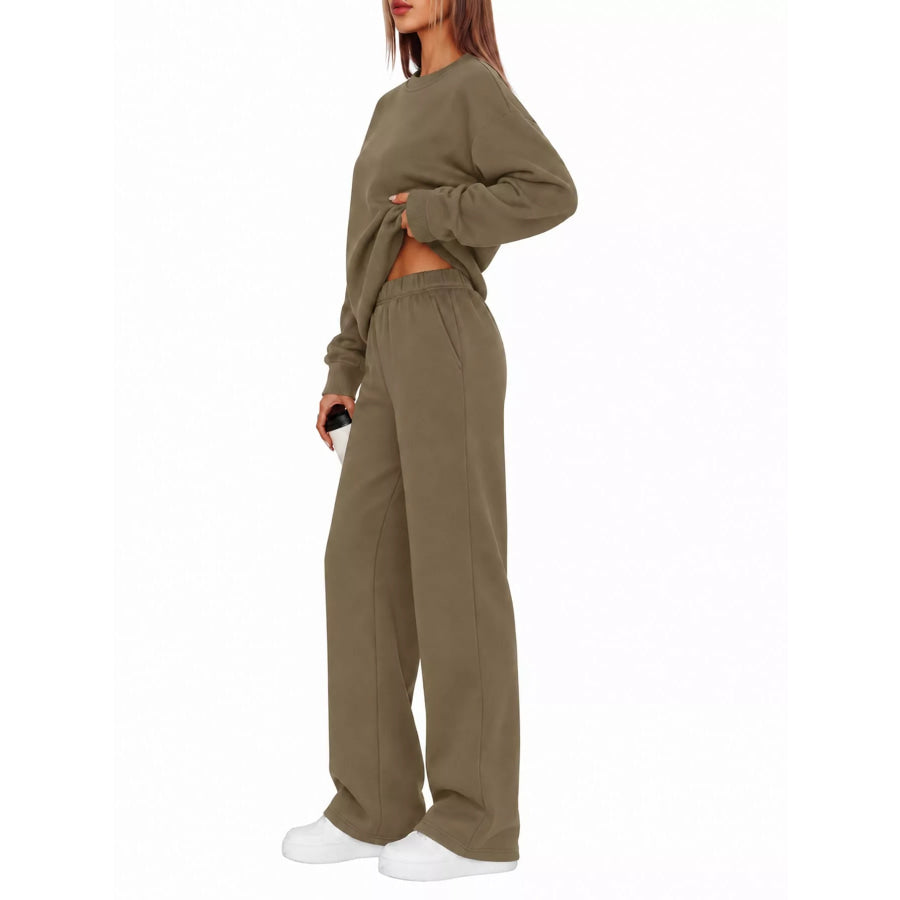 Crewneck Drop Shoulder Sweatshirt and Wide-Leg Pants Set Apparel Accessories