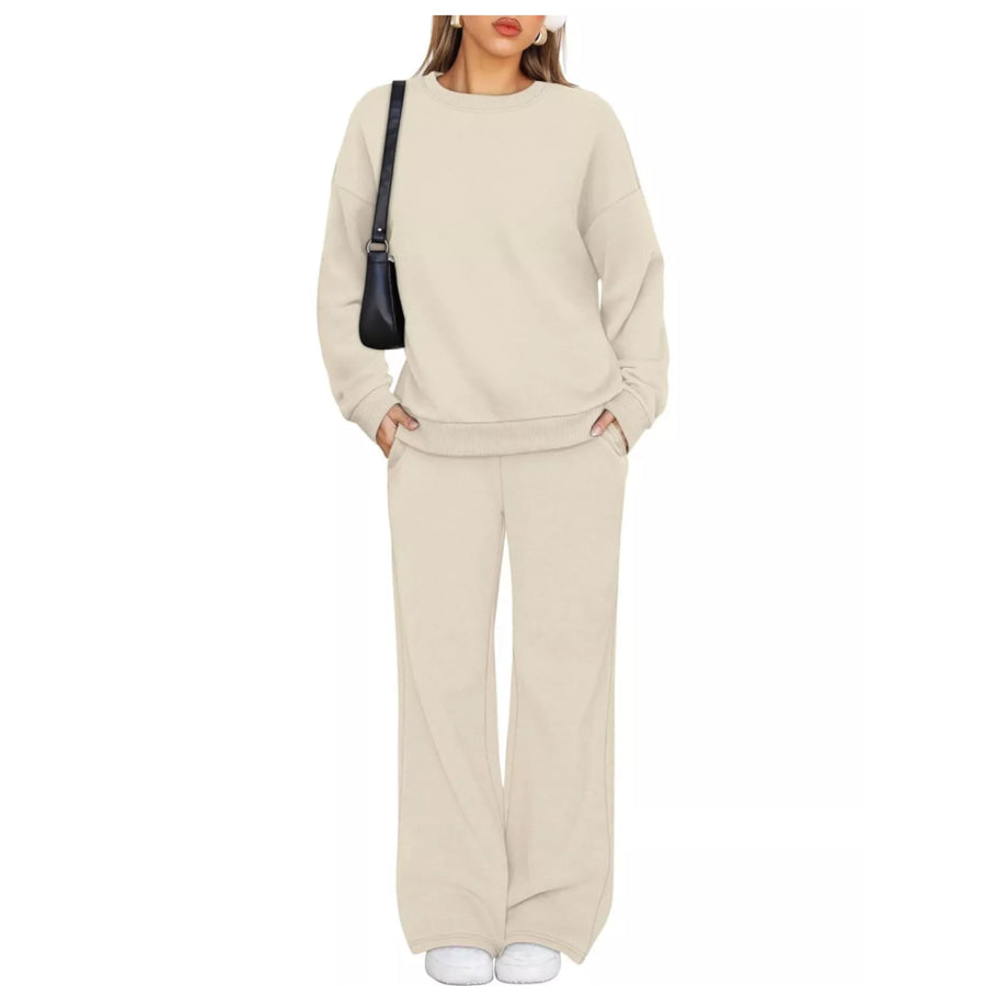 Crewneck Drop Shoulder Sweatshirt and Wide-Leg Pants Set Apparel Accessories