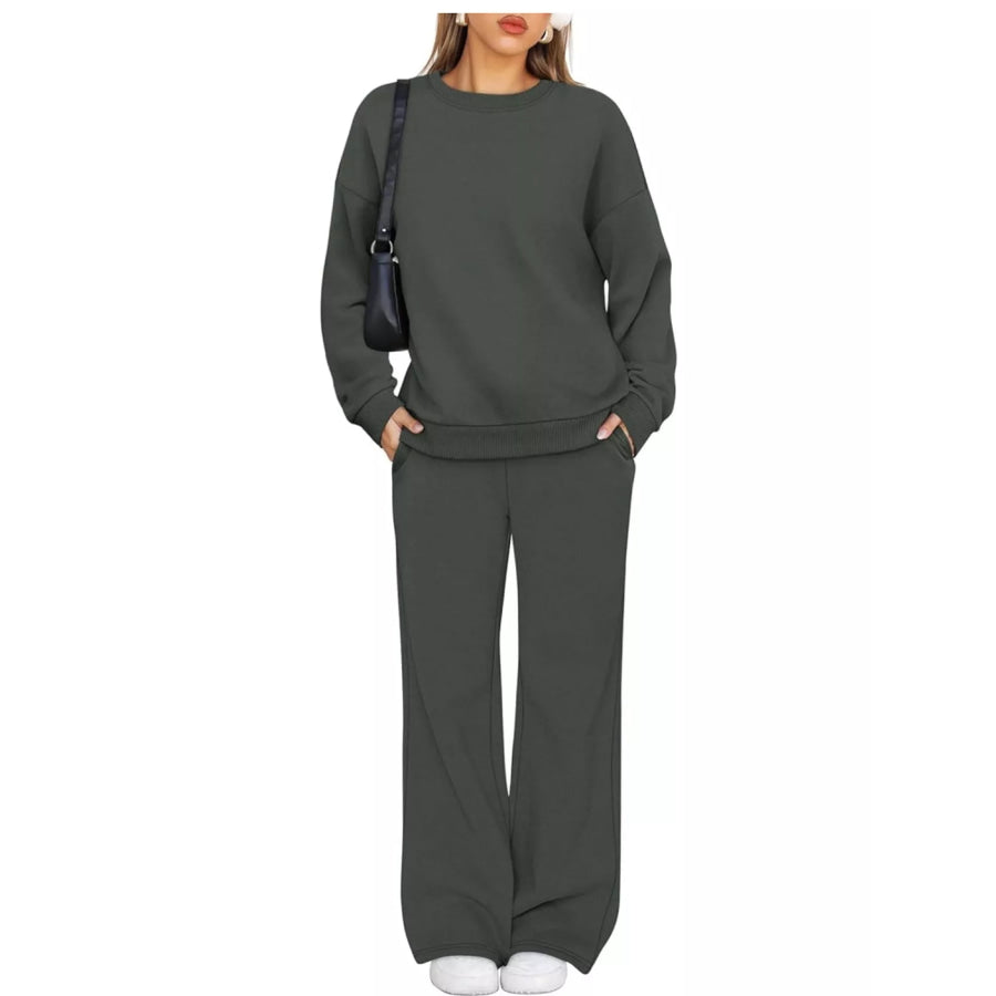 Crewneck Drop Shoulder Sweatshirt and Wide-Leg Pants Set Apparel Accessories