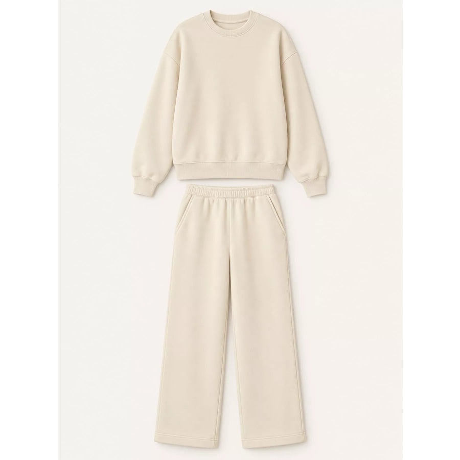 Crewneck Drop Shoulder Sweatshirt and Wide-Leg Pants Set Apparel Accessories