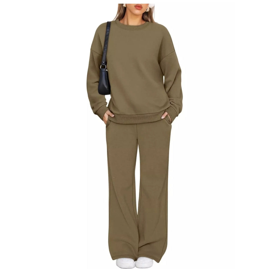 Crewneck Drop Shoulder Sweatshirt and Wide-Leg Pants Set Apparel Accessories