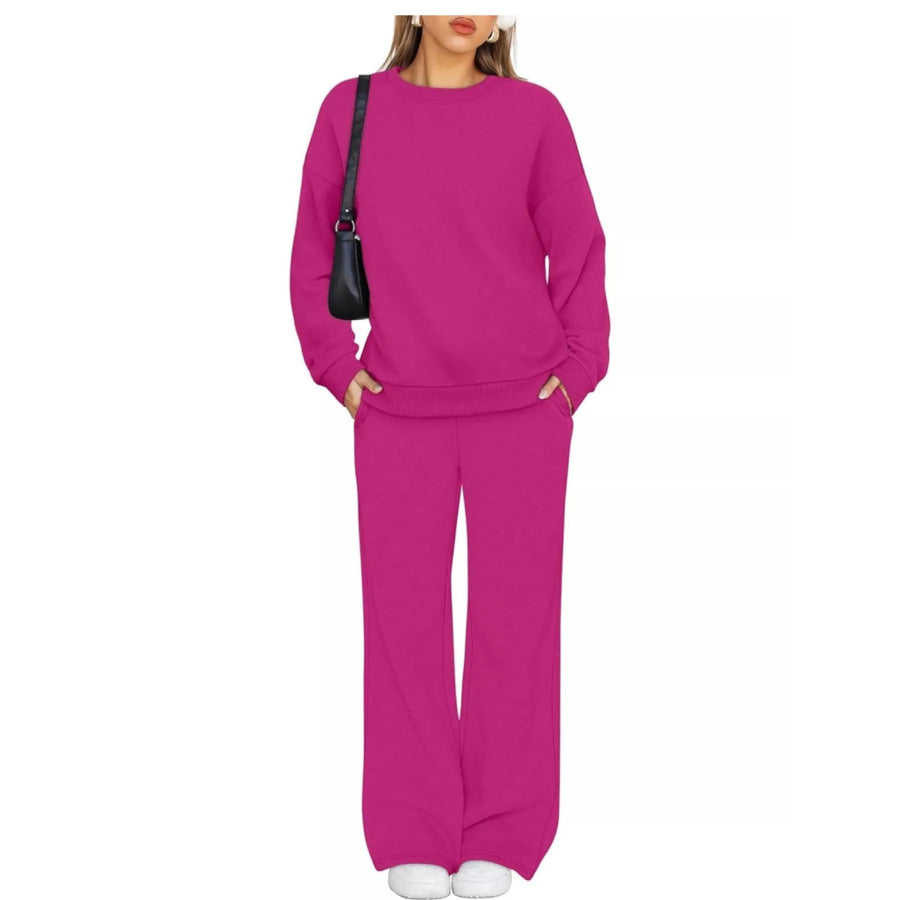 Crewneck Drop Shoulder Sweatshirt and Wide-Leg Pants Set Apparel Accessories