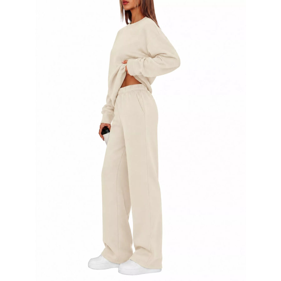 Crewneck Drop Shoulder Sweatshirt and Wide-Leg Pants Set Apparel Accessories