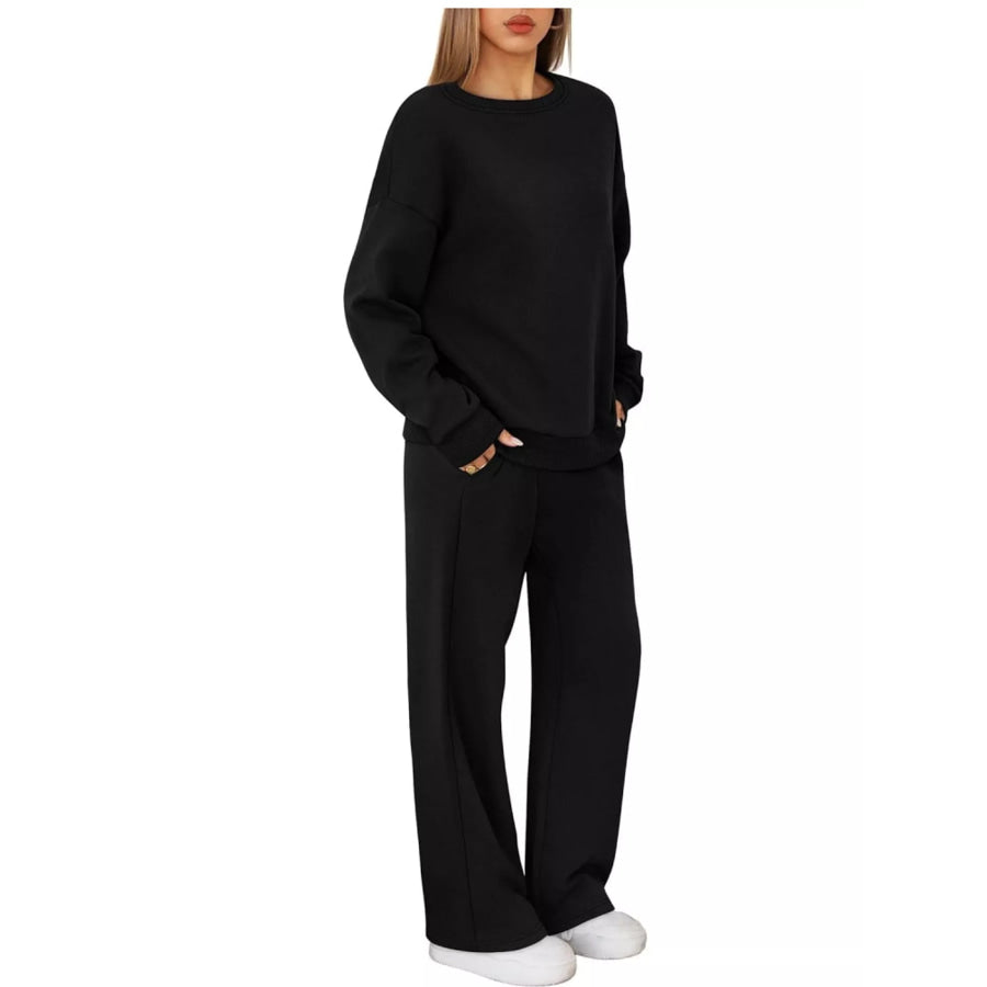 Crewneck Drop Shoulder Sweatshirt and Wide-Leg Pants Set Apparel Accessories