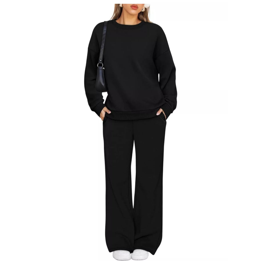 Crewneck Drop Shoulder Sweatshirt and Wide-Leg Pants Set Apparel Accessories