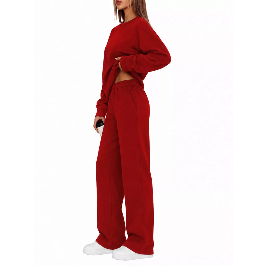 Crewneck Drop Shoulder Sweatshirt and Wide-Leg Pants Set Apparel Accessories
