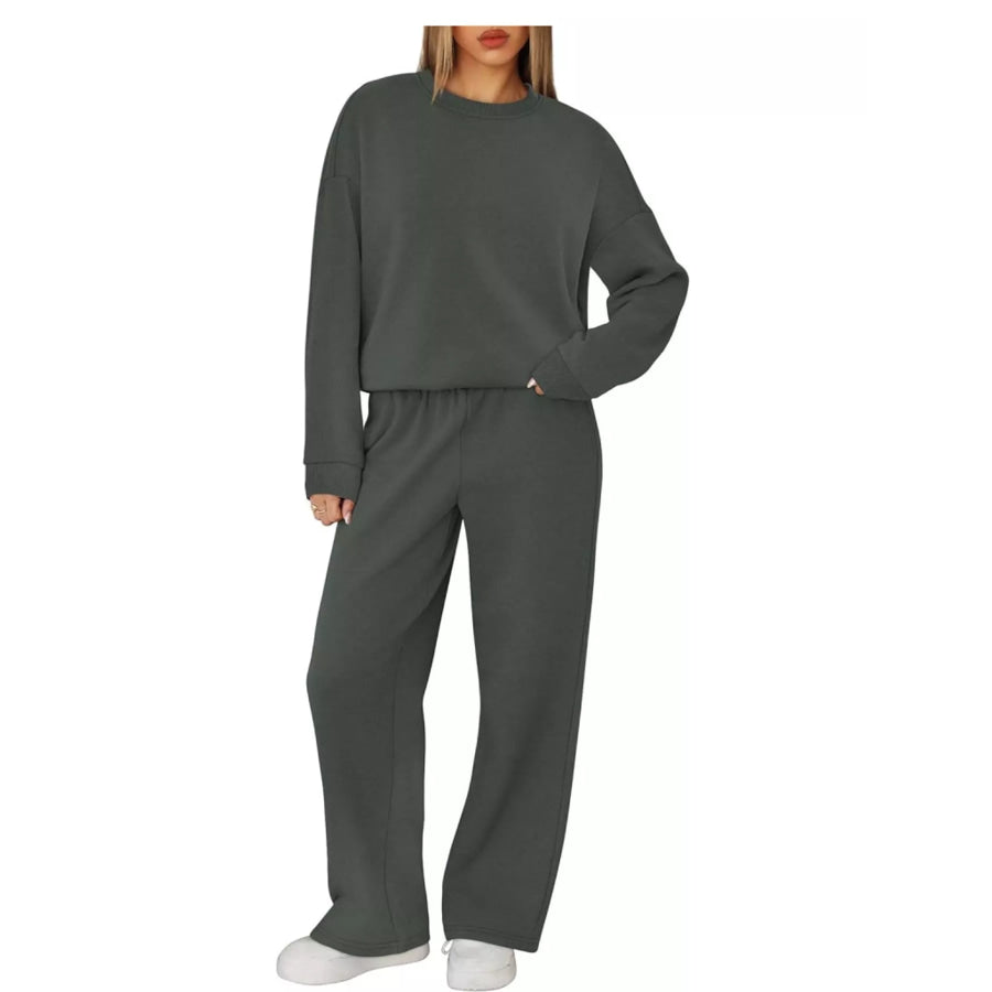 Crewneck Drop Shoulder Sweatshirt and Wide-Leg Pants Set Apparel Accessories