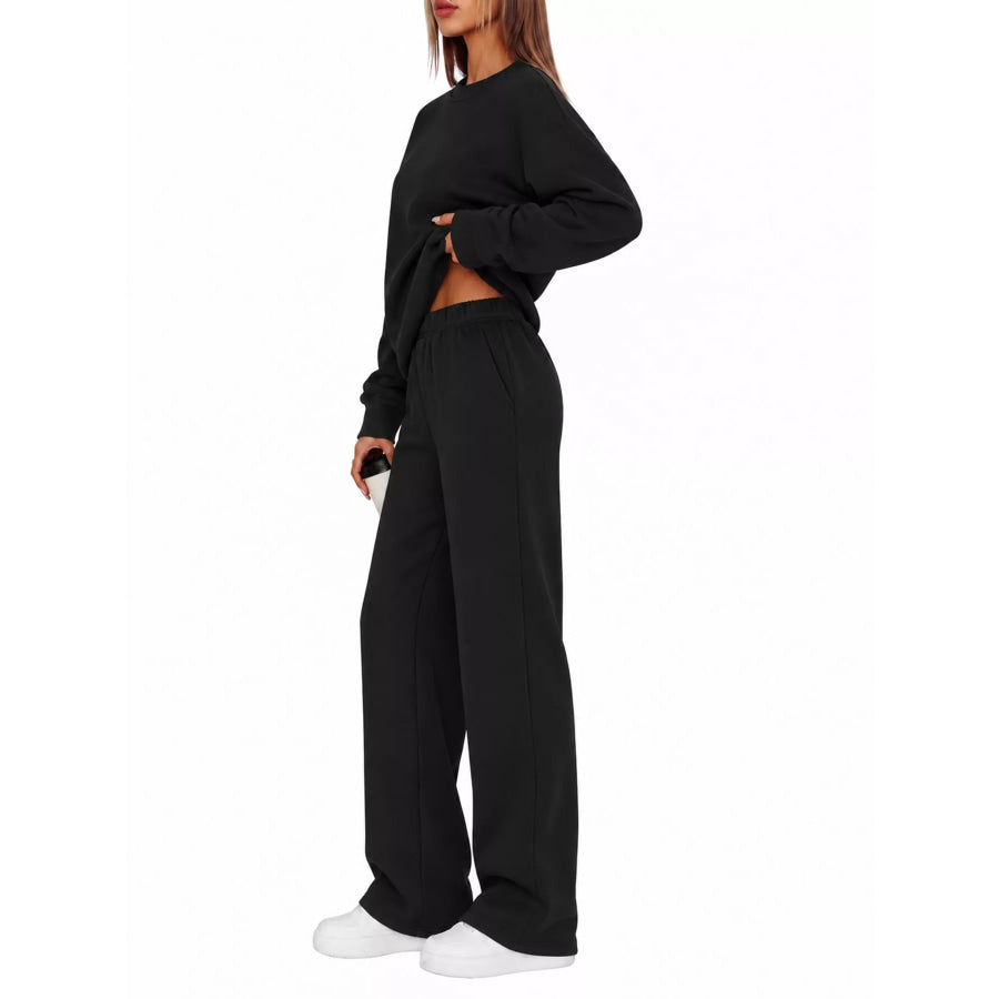 Crewneck Drop Shoulder Sweatshirt and Wide-Leg Pants Set Apparel Accessories