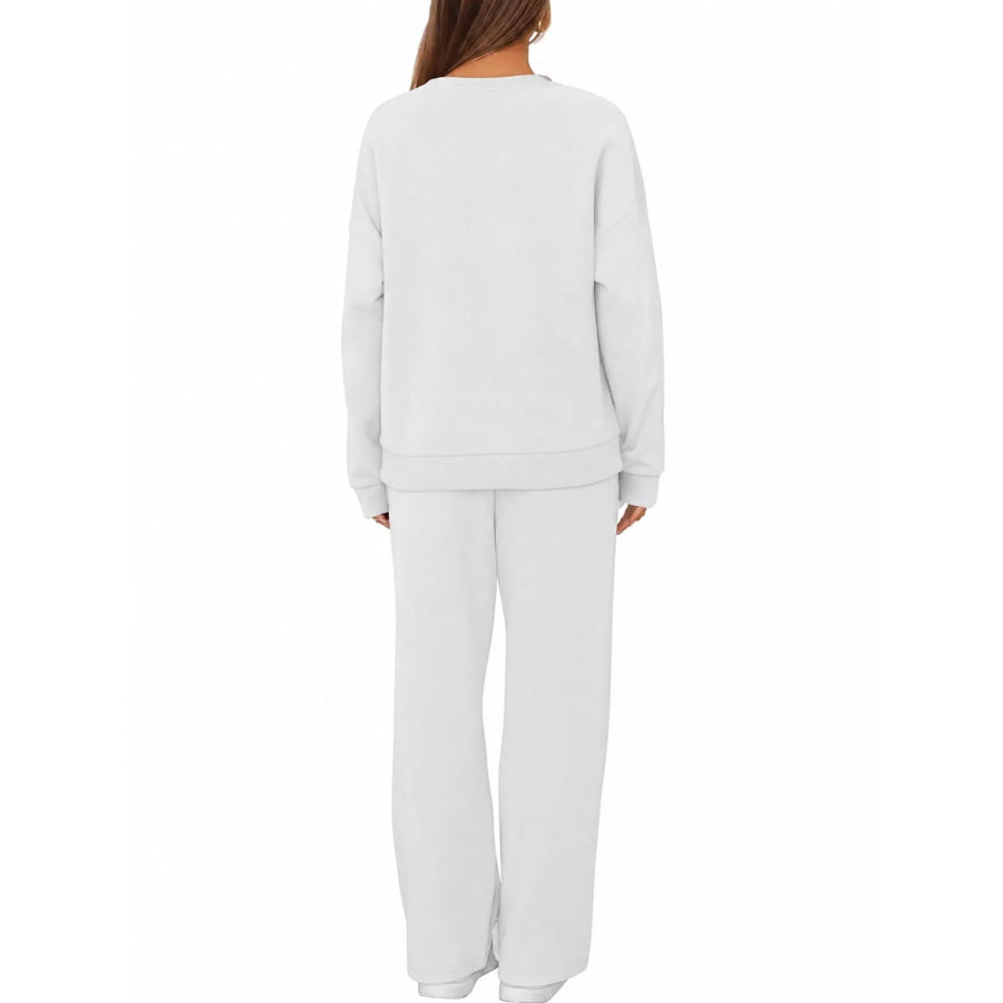 Crewneck Drop Shoulder Sweatshirt and Wide-Leg Pants Set Apparel Accessories