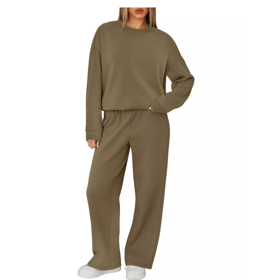 Crewneck Drop Shoulder Sweatshirt and Wide-Leg Pants Set Apparel Accessories
