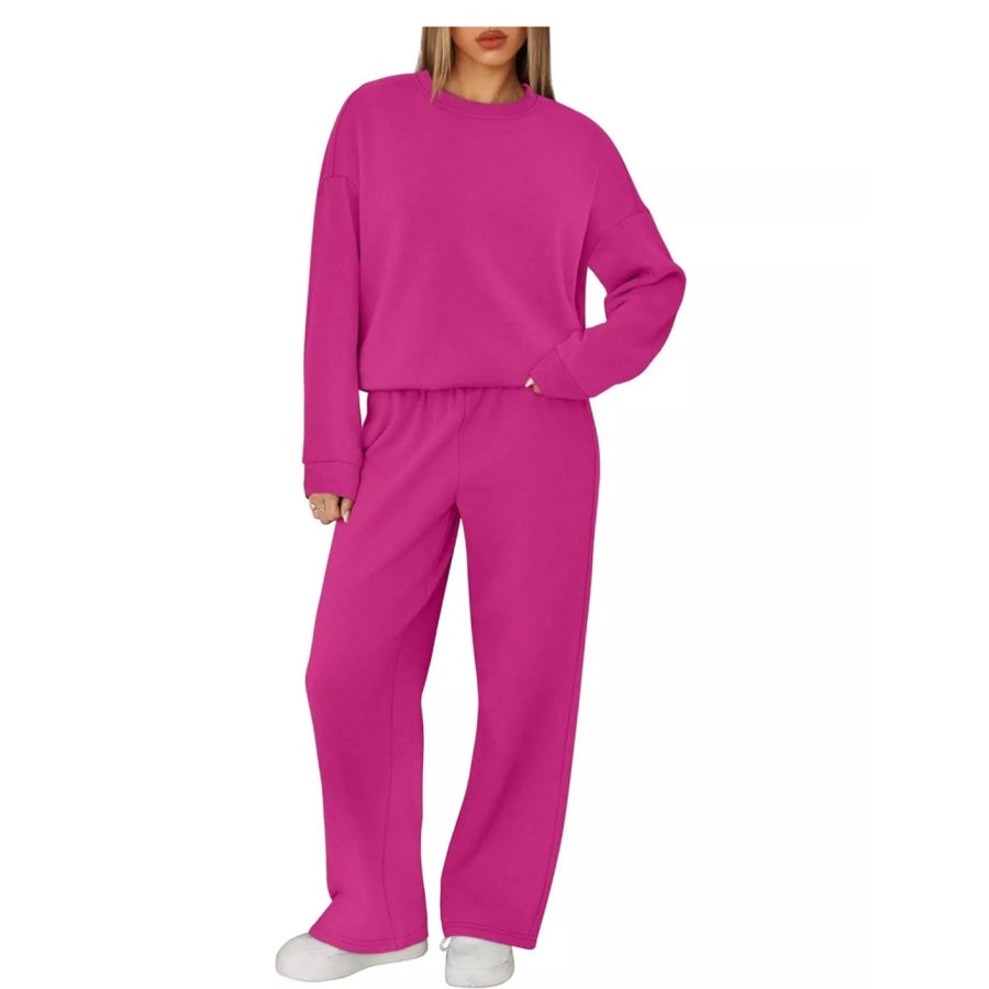 Crewneck Drop Shoulder Sweatshirt and Wide-Leg Pants Set Apparel Accessories