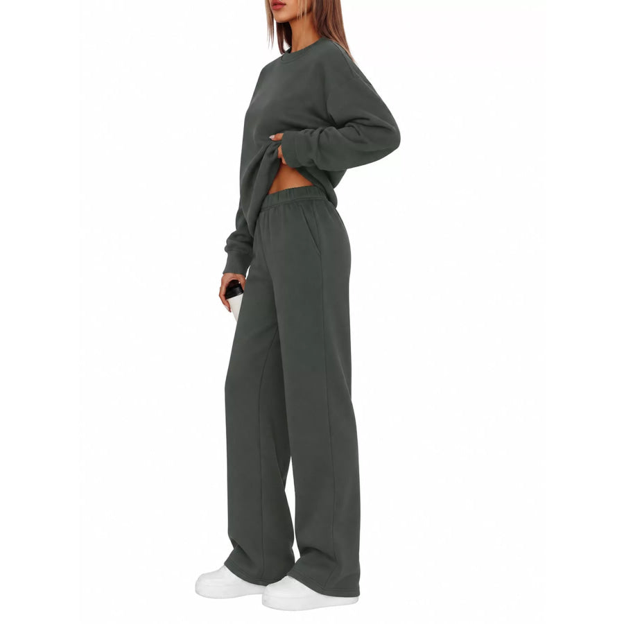 Crewneck Drop Shoulder Sweatshirt and Wide-Leg Pants Set Apparel Accessories