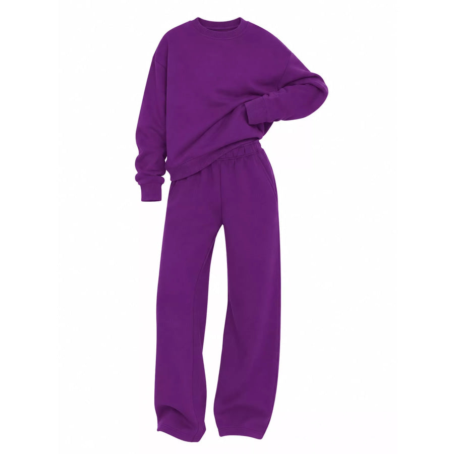Crewneck Drop Shoulder Sweatshirt and Wide-Leg Pants Set Apparel Accessories