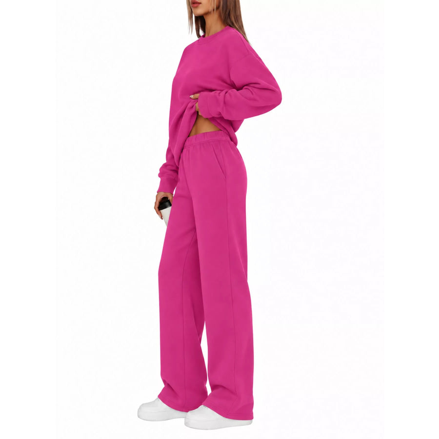 Crewneck Drop Shoulder Sweatshirt and Wide-Leg Pants Set Apparel Accessories