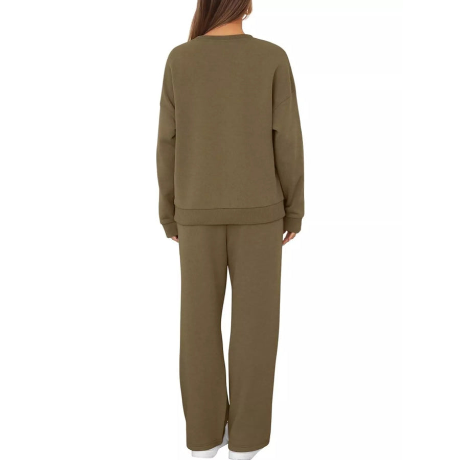 Crewneck Drop Shoulder Sweatshirt and Wide-Leg Pants Set Apparel Accessories