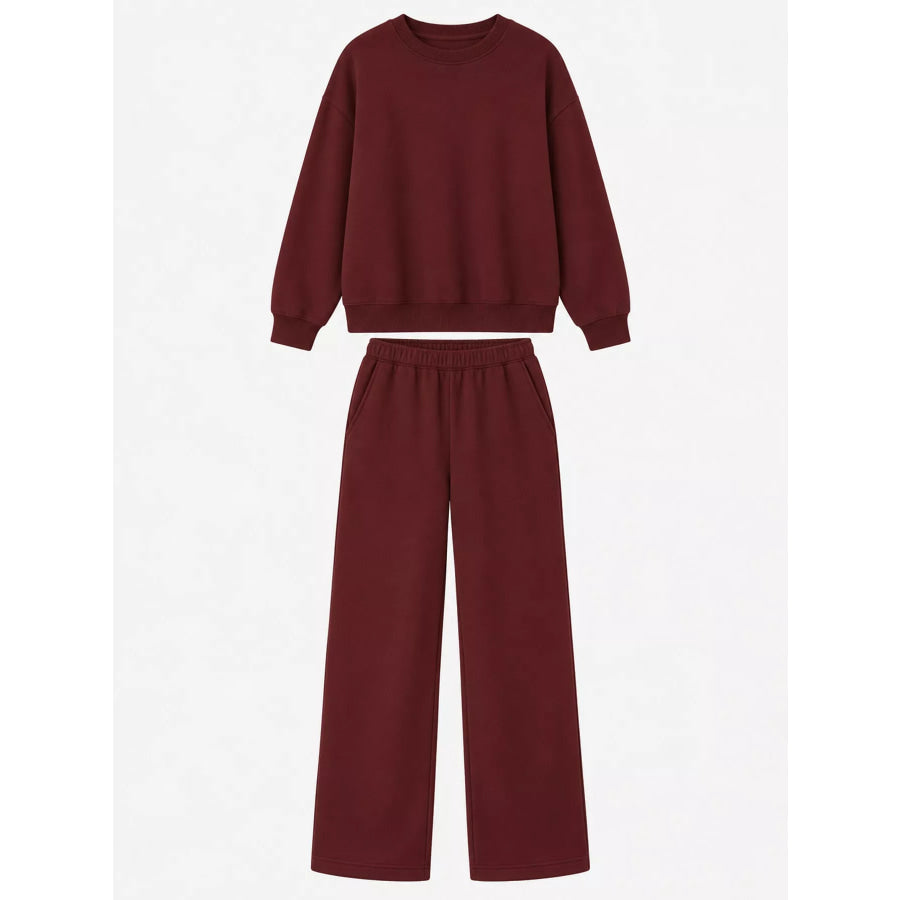 Crewneck Drop Shoulder Sweatshirt and Wide-Leg Pants Set Apparel Accessories