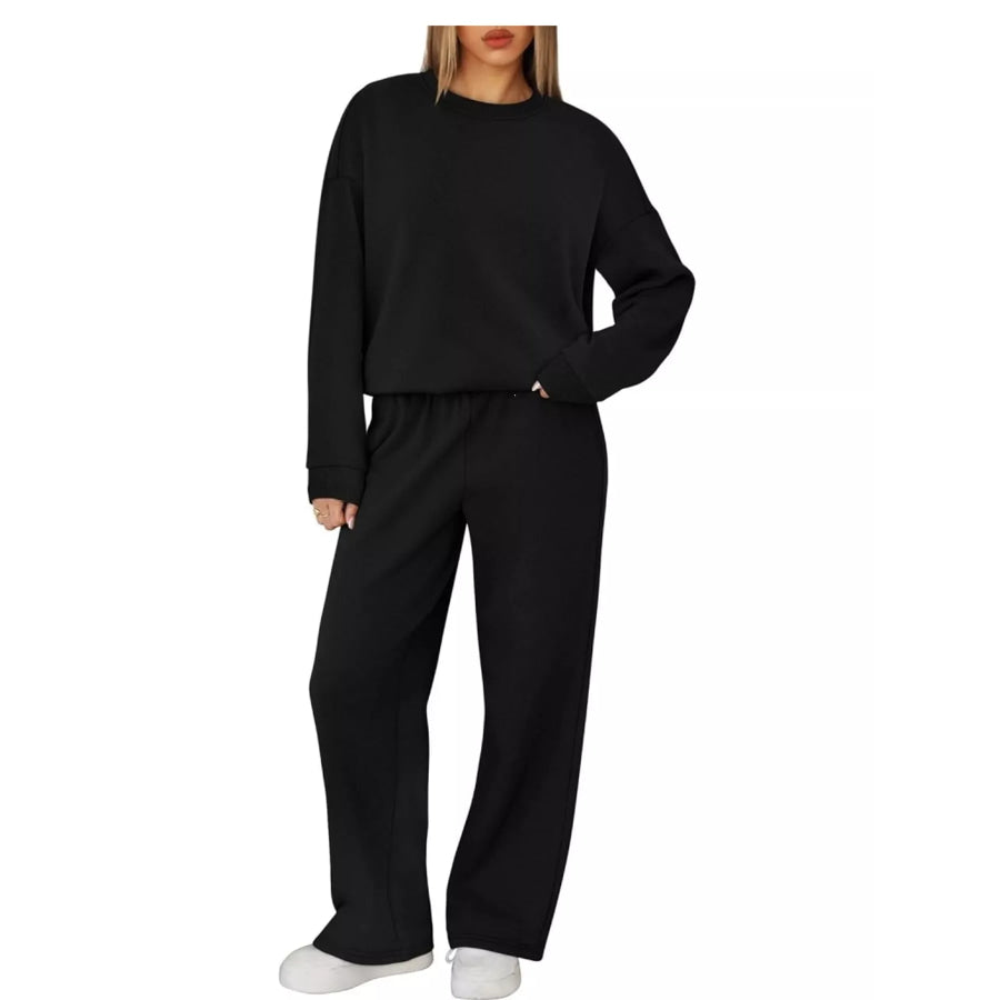 Crewneck Drop Shoulder Sweatshirt and Wide-Leg Pants Set Apparel Accessories