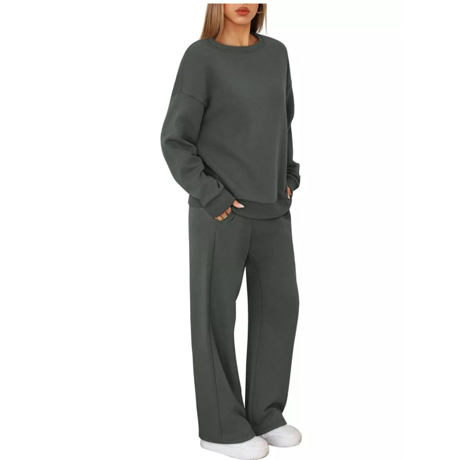 Crewneck Drop Shoulder Sweatshirt and Wide-Leg Pants Set Apparel Accessories