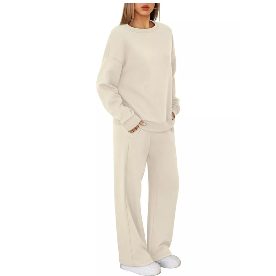 Crewneck Drop Shoulder Sweatshirt and Wide-Leg Pants Set Apparel Accessories