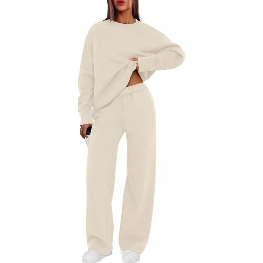 Crewneck Drop Shoulder Sweatshirt and Wide-Leg Pants Set Apricot / S Apparel Accessories