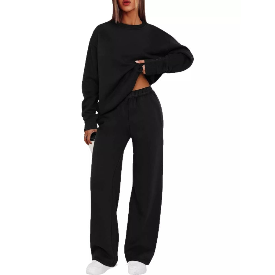 Crewneck Drop Shoulder Sweatshirt and Wide-Leg Pants Set Black / S Apparel Accessories