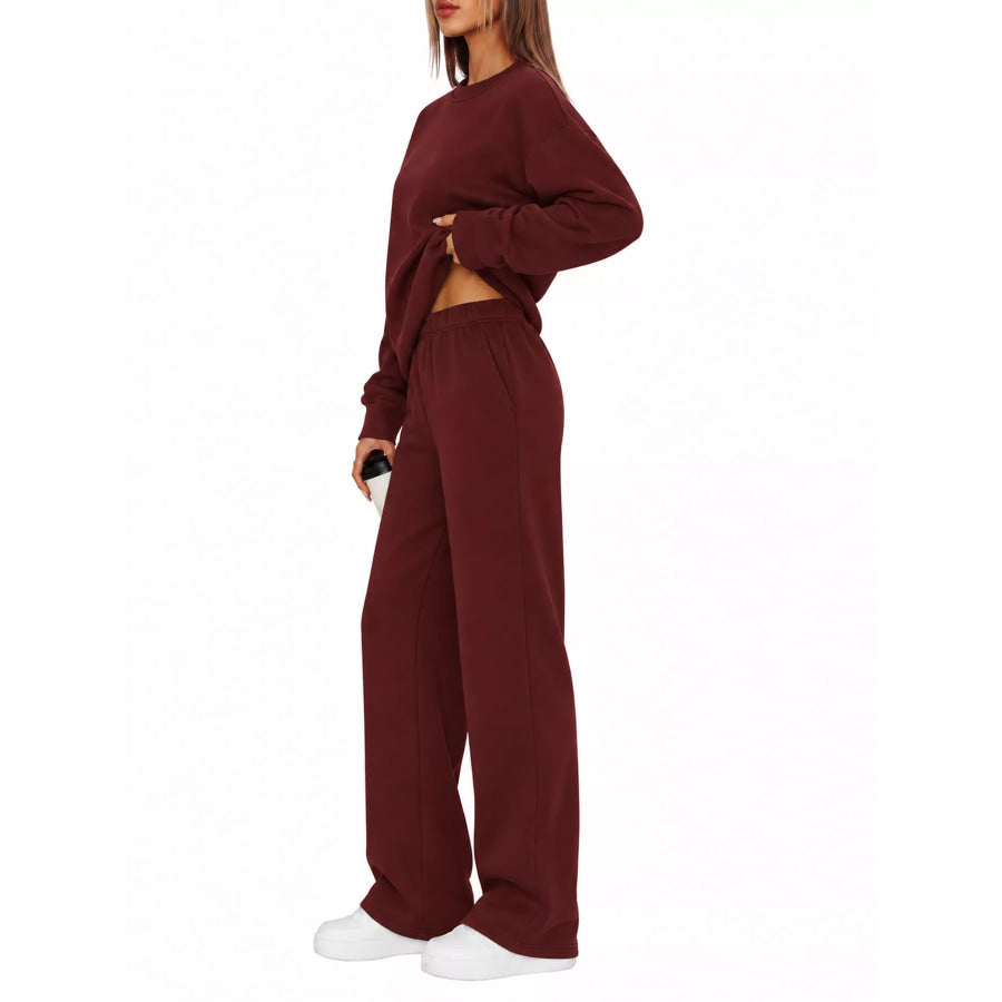 Crewneck Drop Shoulder Sweatshirt and Wide-Leg Pants Set Burgundy / S Apparel Accessories