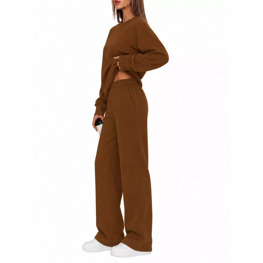 Crewneck Drop Shoulder Sweatshirt and Wide-Leg Pants Set Coffee / S Apparel Accessories
