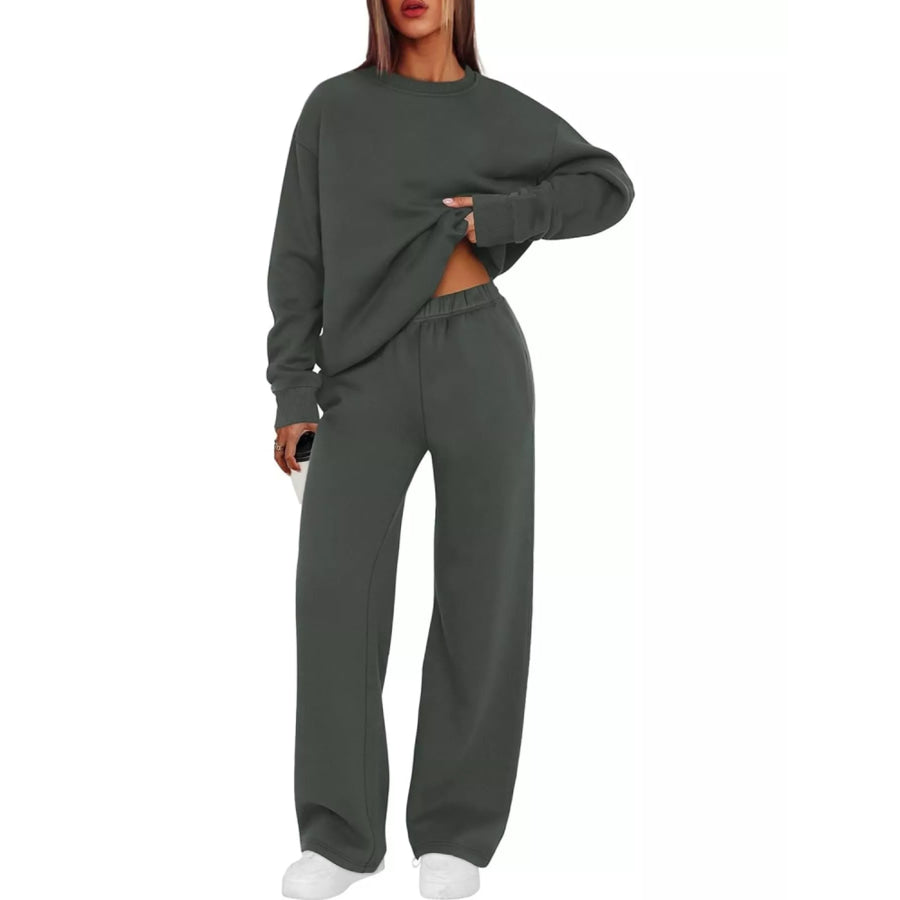 Crewneck Drop Shoulder Sweatshirt and Wide-Leg Pants Set Dark Gray / S Apparel Accessories