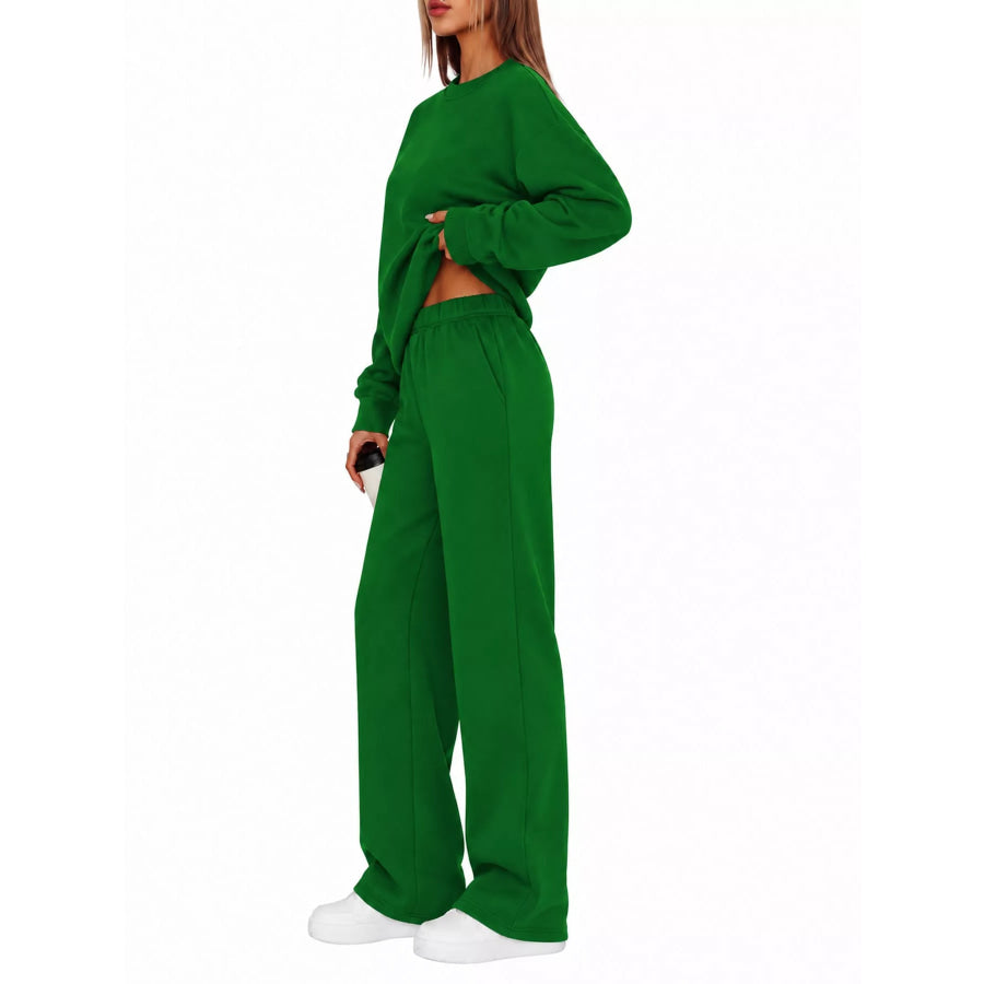 Crewneck Drop Shoulder Sweatshirt and Wide-Leg Pants Set Dark Green / S Apparel Accessories