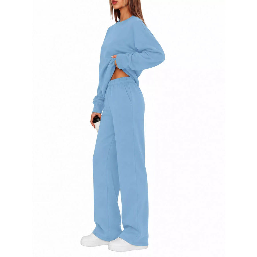 Crewneck Drop Shoulder Sweatshirt and Wide-Leg Pants Set Light Blue / S Apparel Accessories