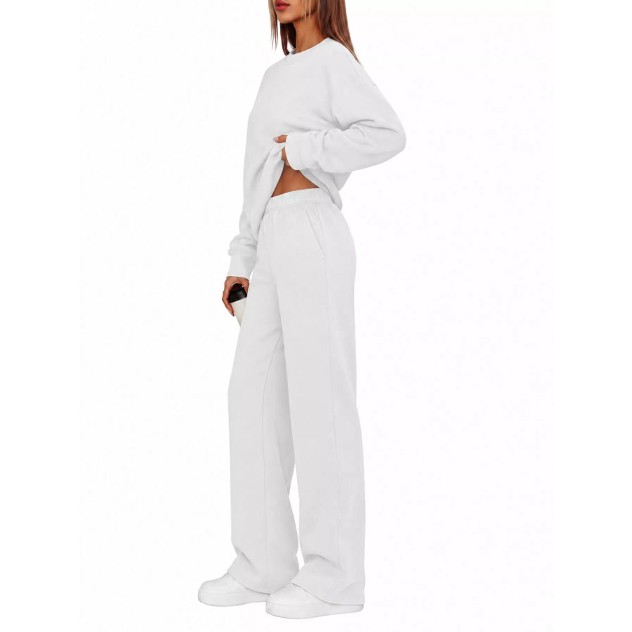 Crewneck Drop Shoulder Sweatshirt and Wide-Leg Pants Set Light Gray / S Apparel Accessories